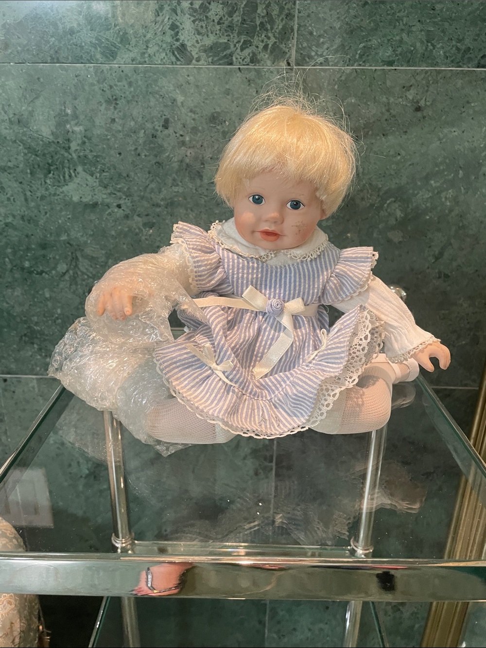 Danbury Mint Porcelain Doll in Blue and White Dress